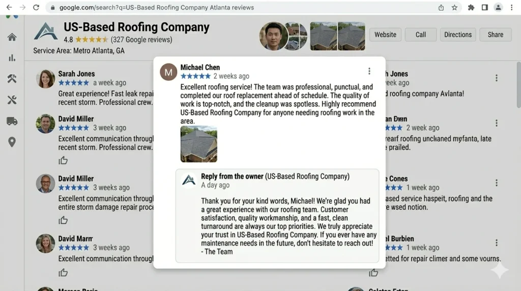 Roofing company responding to a Google review to improve LSA rankings