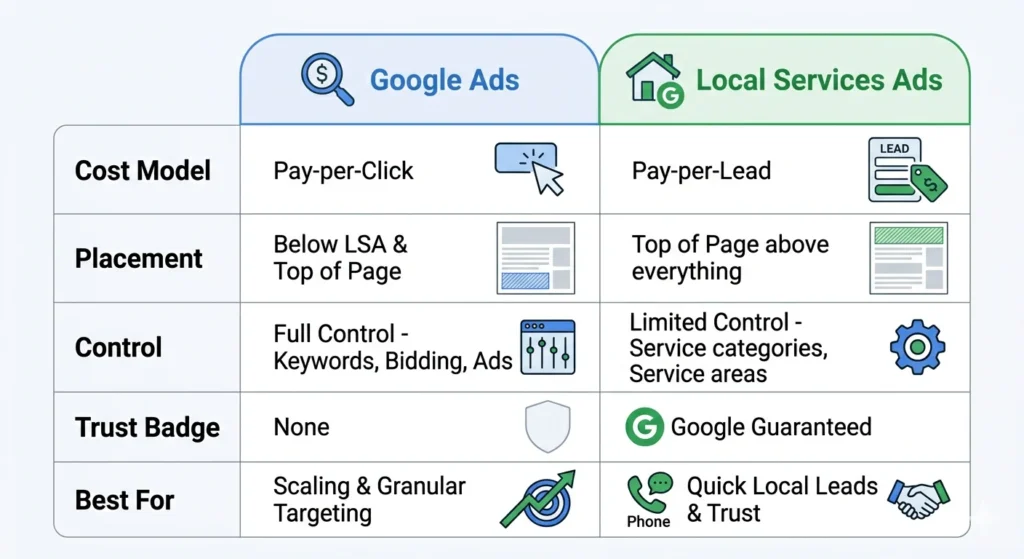 Comparison table of Google Ads and Local Service Ads for roofing companies