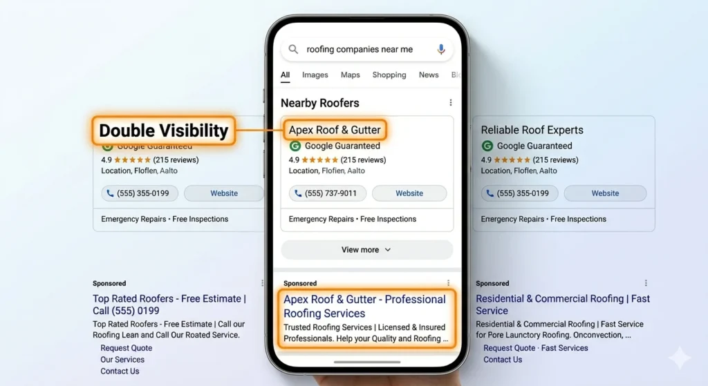 Roofer appearing in both Local Service Ads and Google Ads on Google search