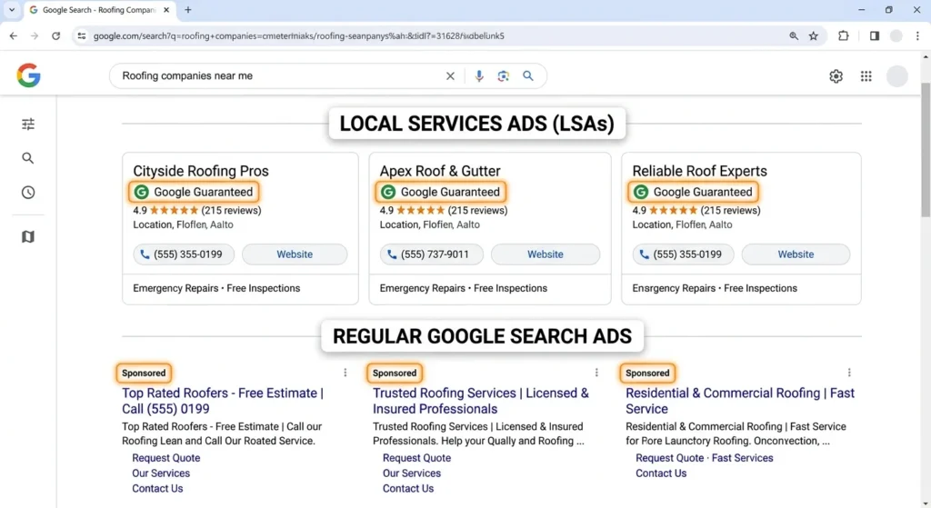 Google Ads vs Local Service Ads for roofers shown in search results