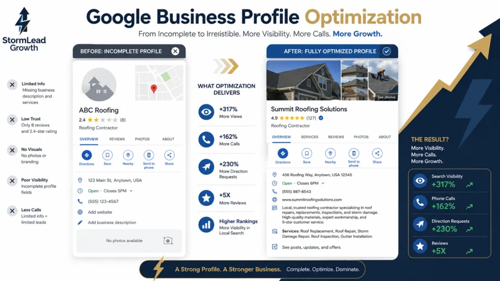 Google Business Profile optimization before and after for a roofing contractor