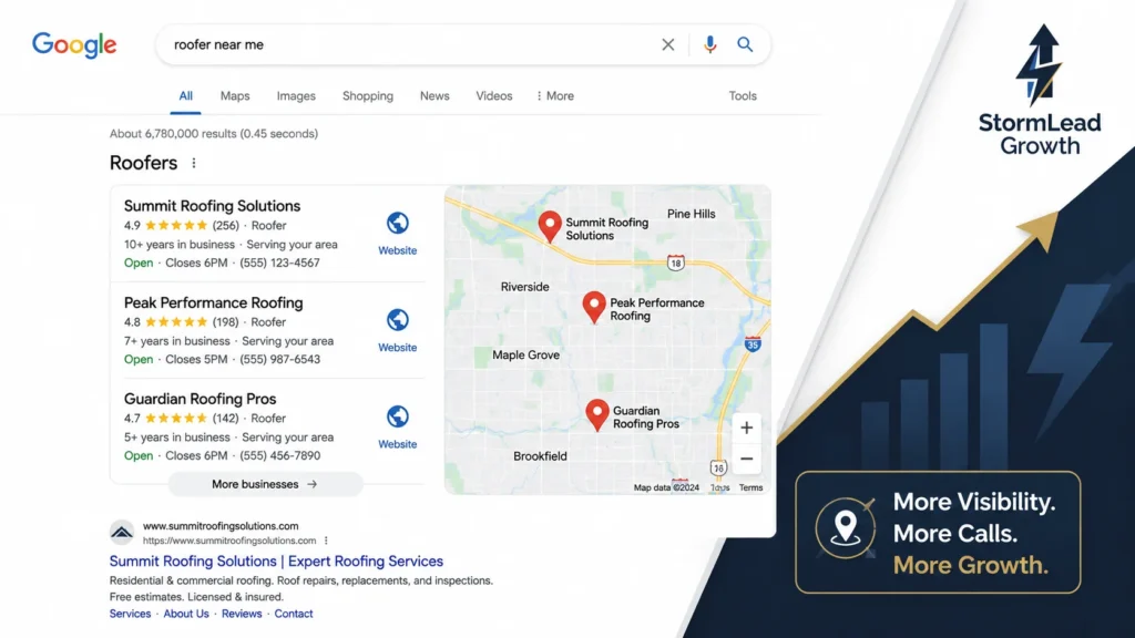 Google Maps Map Pack showing local roofing companies for roofer near me search