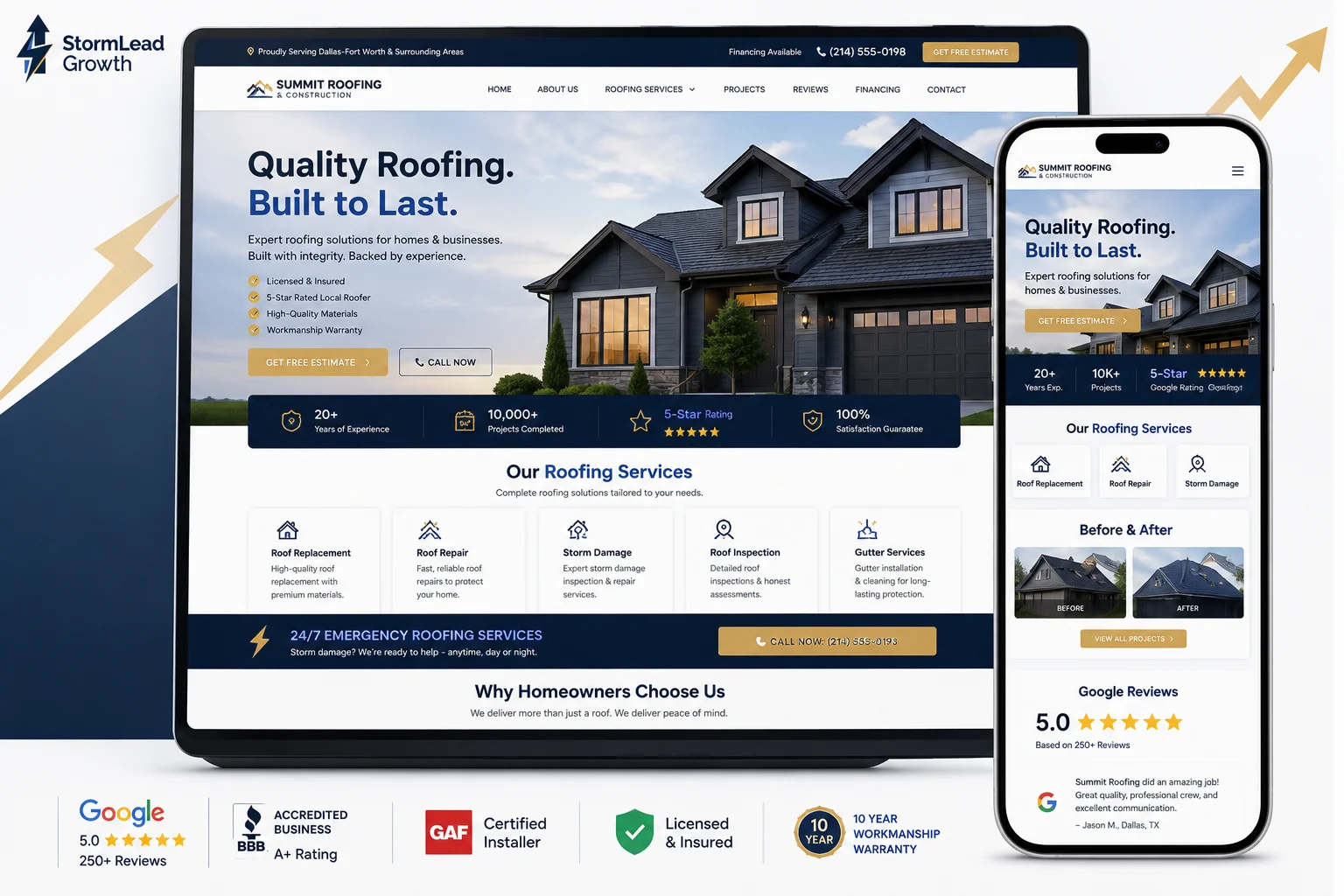 Professional roofing contractor website design on mobile and desktop