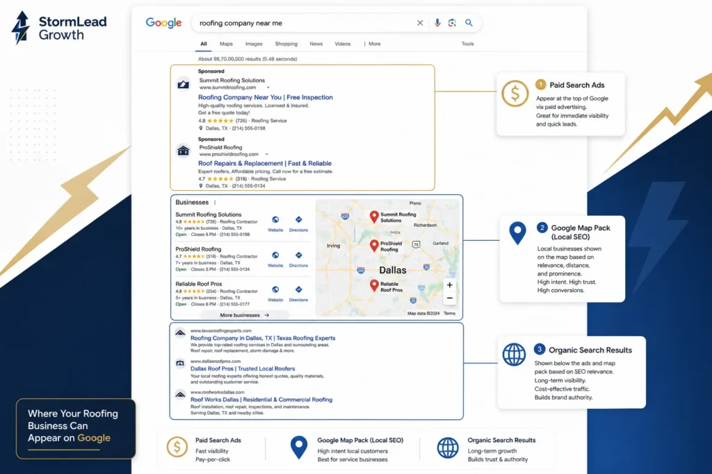Google search results layout showing where roofing companies can appear