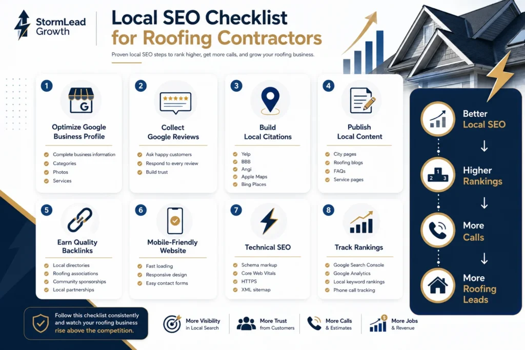 Local SEO checklist for roofing contractors — GBP, reviews, citations, content, backlinks